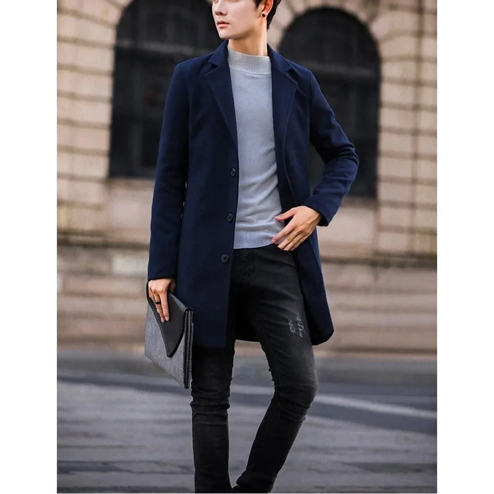 Men's Navy Wool Blend Pea Coat Notched Collar Single Breasted Overcoat